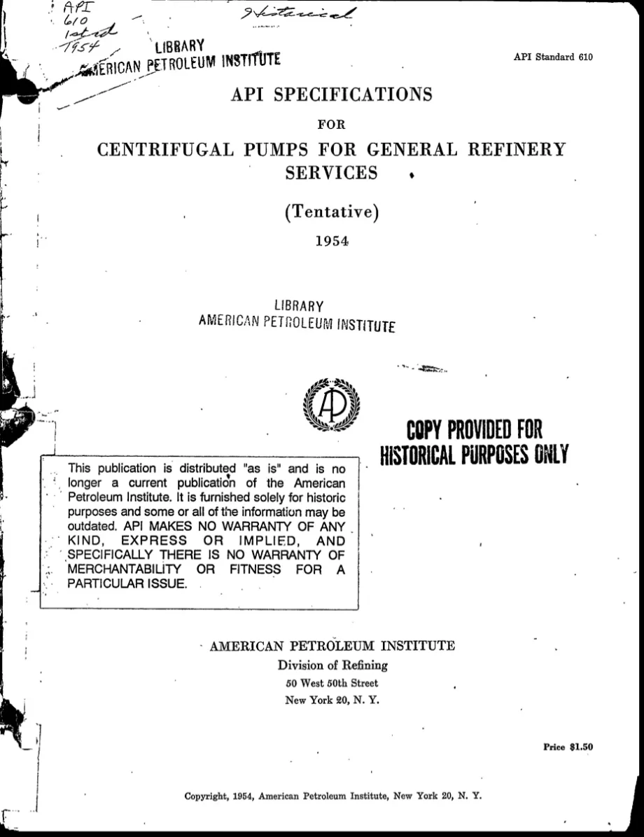 API Standard 610 First Edition 1954 pdf